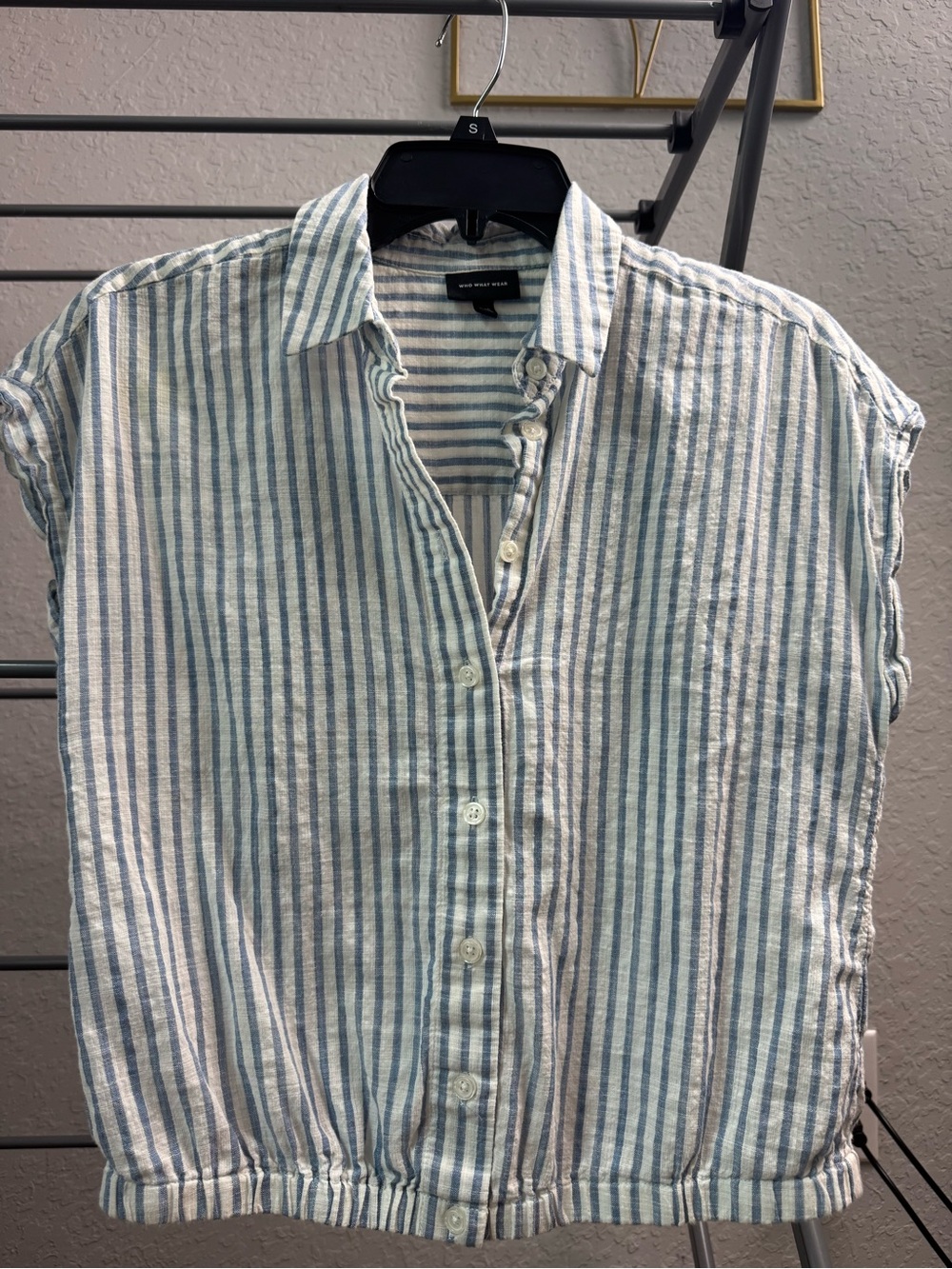 Who What Wear Blue and White Striped Linen-Blend Button Down